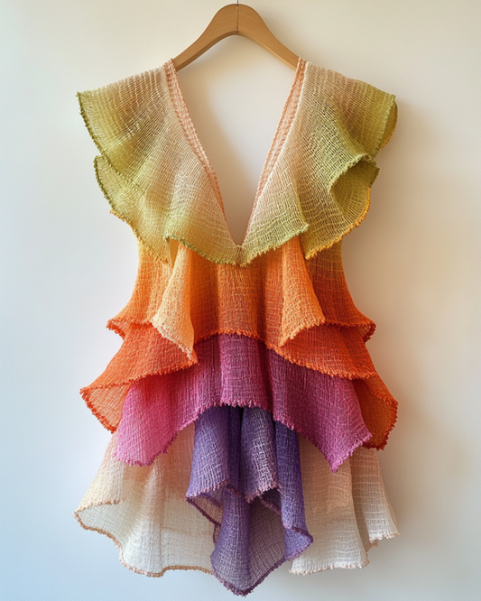 Summer Rainbow Grid Linen Irregular Ruffle Top 72b3