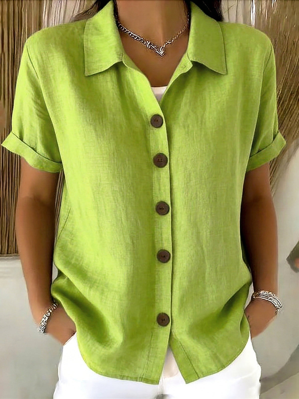 Linen Cotton Cozy Basic Button-Up Shirt with Casual Short-Sleeve Summer Blouse