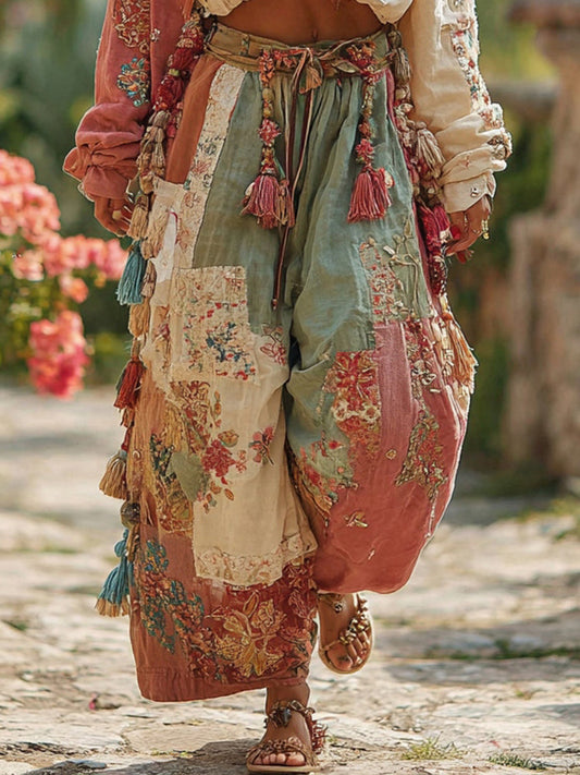 Rose Floral Patchwork Waist Elastic Pocket Pants