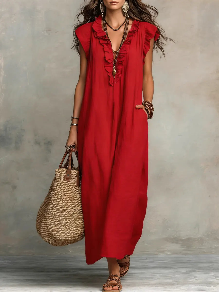 Solid Color Ruffled Art Casual Fashion Cozy Cotton Linen Dress