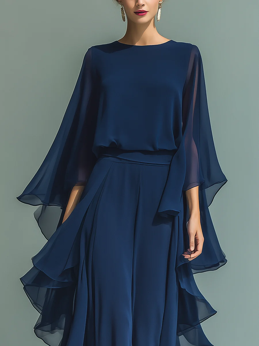Elegant and Flowy Ruffled Shirt and Wide-Leg Pants Two-Piece Set