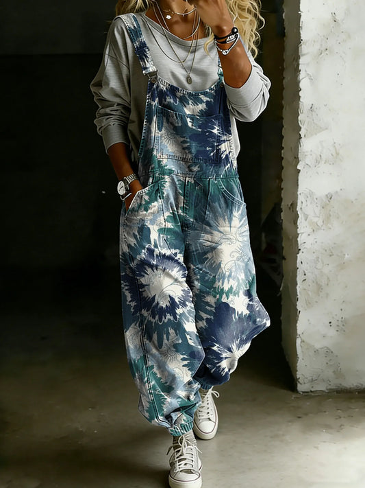 Vintage Blue Floral Art Print Casual One Piece Denim Jumpsuit