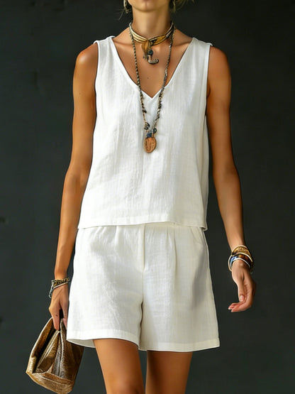 Classic Casual Sleeveless Linen Cotton Top and Shorts Two-Piece Set