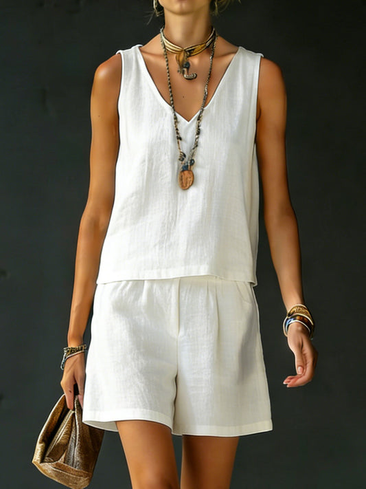 Classic Casual Sleeveless Linen Cotton Top and Shorts Two-Piece Set
