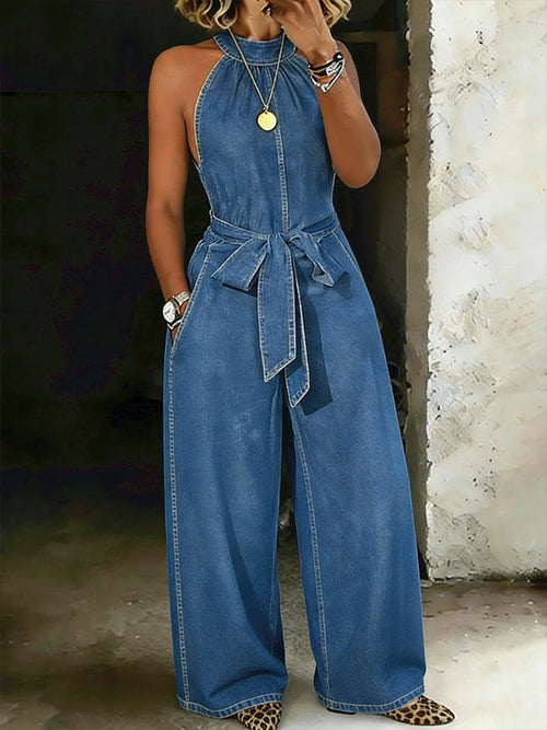 Print Casual 100% Cotton Denim High Collar Wide-Leg Jumpsuit