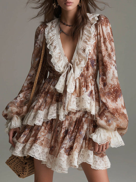 Bohemian Double-Layered Ruffled Mini Dress with Lace Trim