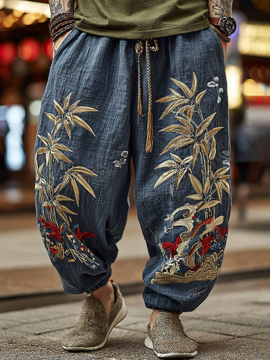 Men's Japanese Bamboo Art Flowy Wide-Leg Linen Pants