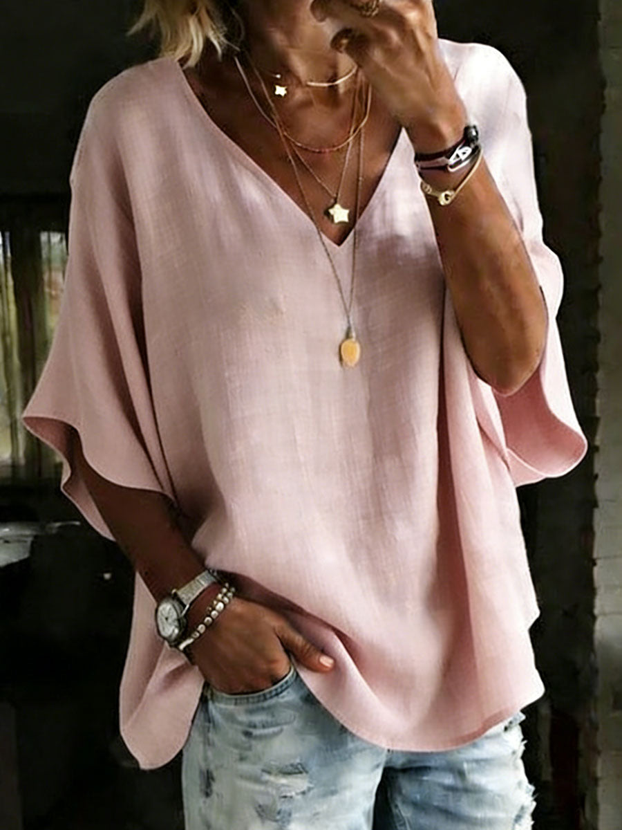 100% Cotton Classic Loose Fit V-Neck Dolman Sleeve T-Shirt