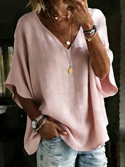 100% Cotton Classic Loose Fit V-Neck Dolman Sleeve T-Shirt