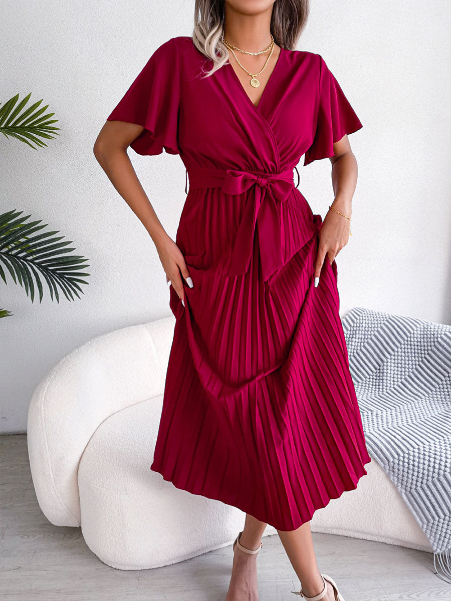 Casual Cross V-Neck Ruffled Pleated Dress