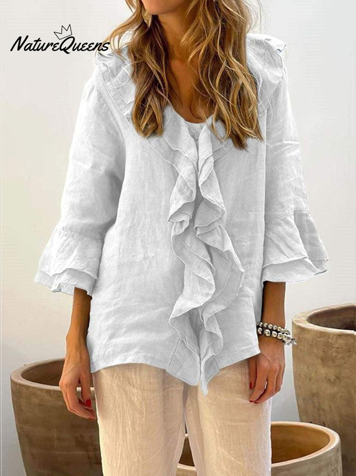 Ruffles Casual Cotton and Linen 3/4 Sleeves Shirt
