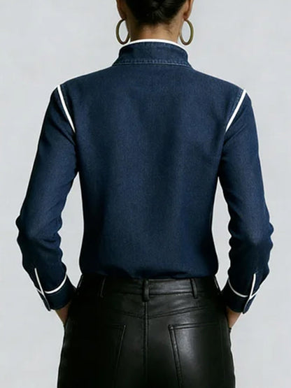 Stand Collar Long-Sleeve Casual Loose Denim Shirt