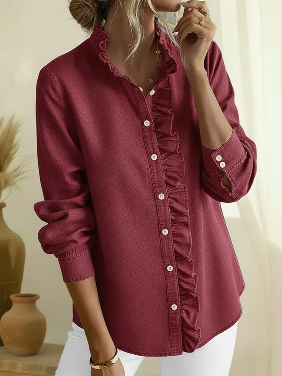 Elegant Lace-Collared Denim Shirt Top