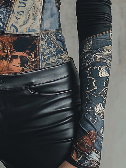Patchwork Graphic Printed Long-Sleeve T-Shirt