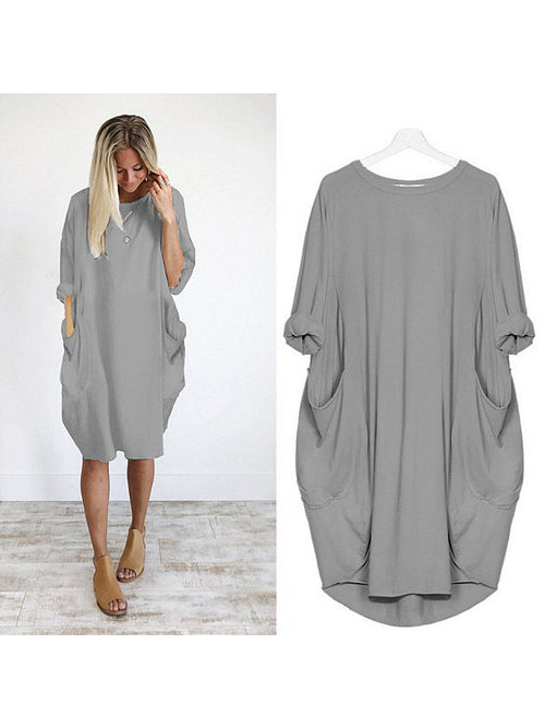 Solid Color Loose Elegant Casual Long-Sleeved Pocket Dress