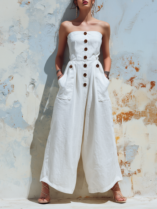 Strapless Linen Wide-Leg Jumpsuit with Button Detail and Pockets