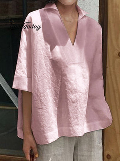 V-Neck Cotton and Linen Solid Colour Loose Mid-Sleeve Shirt