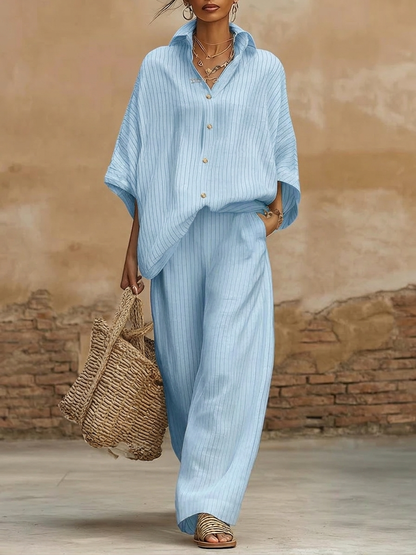 Elegant Classic Striped Shirt and Wide-Leg Pants Two-Piece Set