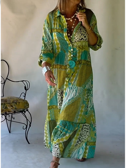 Loose-Fitting Casual Linen and Cotton Floral Print Shirt Dress