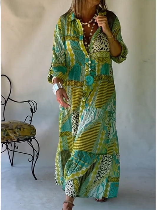 Loose-Fitting Casual Linen and Cotton Floral Print Shirt Dress