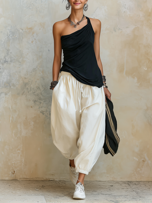 Asymmetrical Ruched One-Shoulder Top and Harem Pants Two-Piece Set