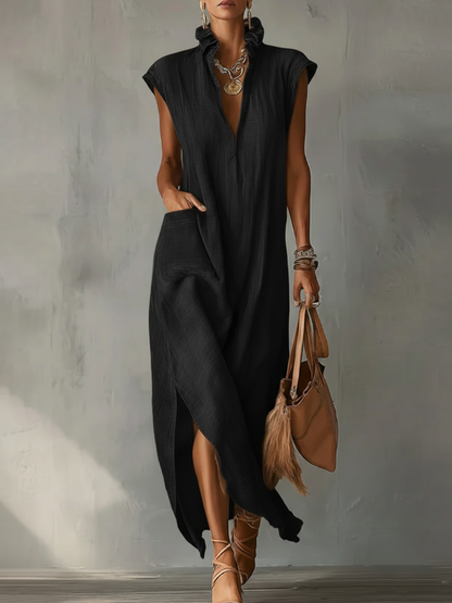 Ruffle Collar Cotton Linen Midi Dress with Elegant Summer Dress