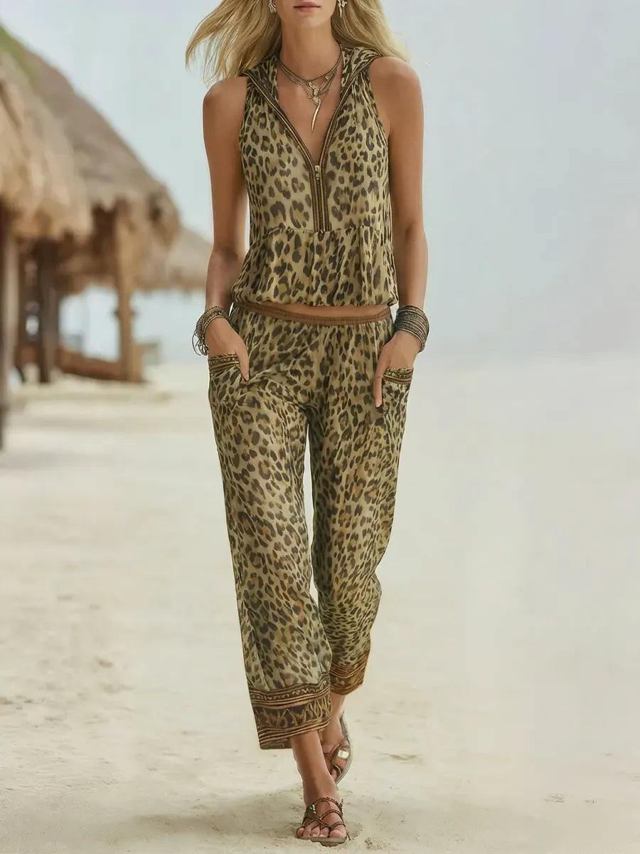 Retro Leopard Art Print Hooded Casual Top and Pants Suits
