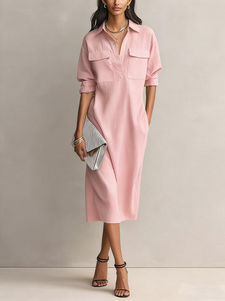 Solid Color Lapel Collar Long-Sleeve Casual Loose Cotton Linen Dress