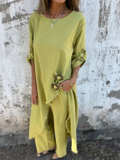 Solid Color Casual Elegant Stylish Top and Pants Suit