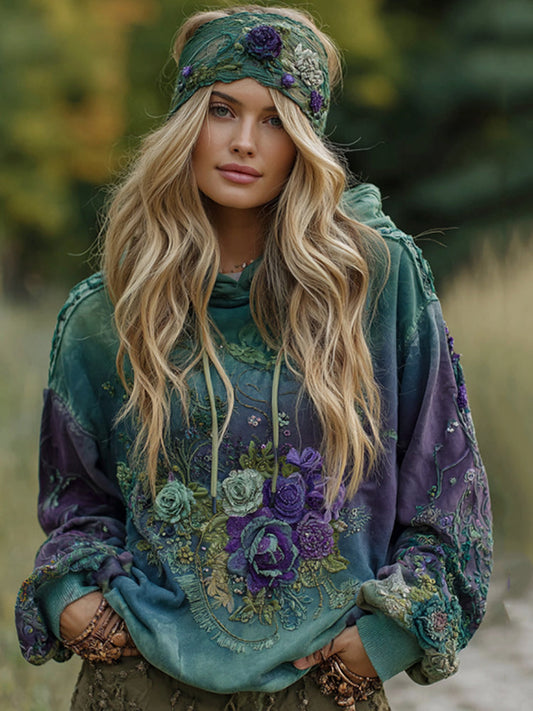 Vintage Purple Lavender Patchwork and Floral Embroidered Art Gradient Comfort Hoodie
