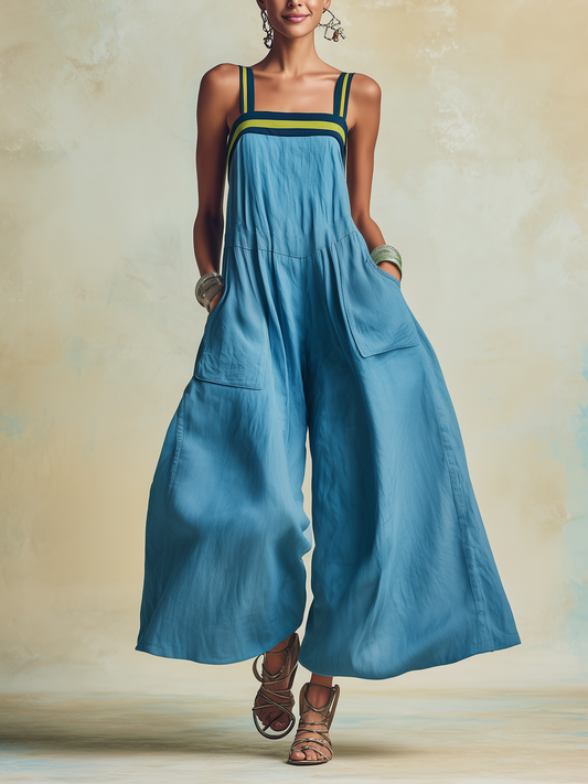 Airy Wide-Leg Tencel Jumpsuit with Bold Colorblock Trim