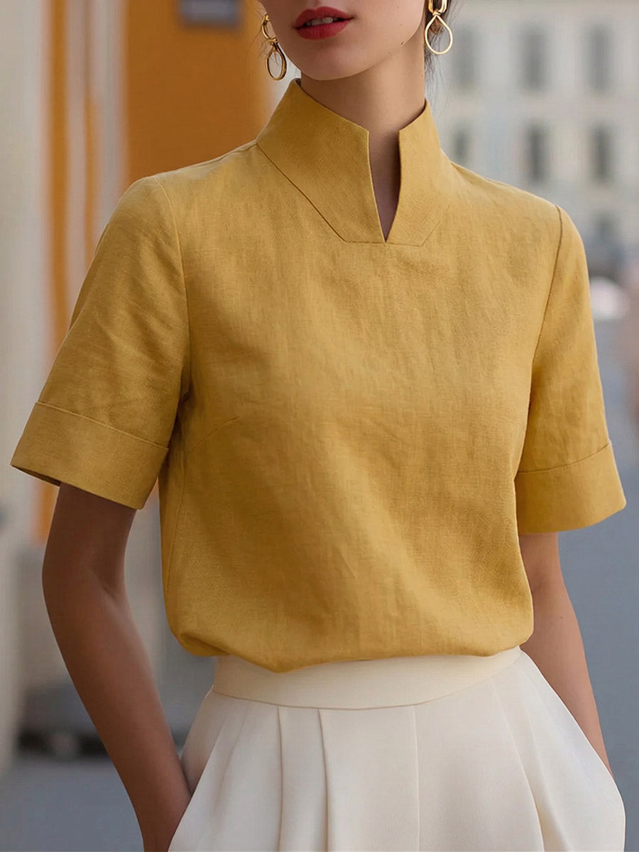 Solid-Color Stand-Collar Short-Sleeve Loose-Fit Casual Linen Top