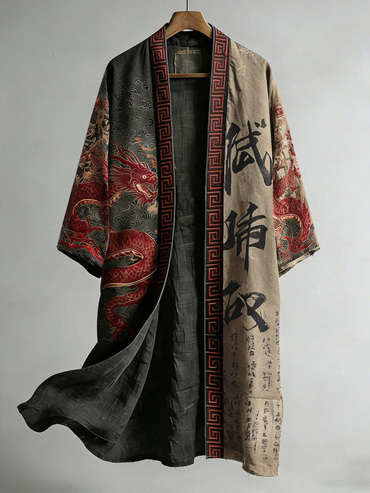 Retro Calligraphy and Dragon Pattern Linen Long Kimono
