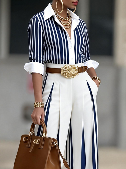 Elegant Artistic Striped Wide-Leg Pants