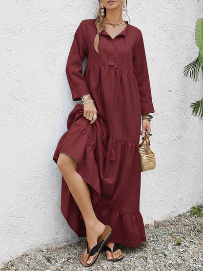 Solid Color Round Neck Long-Sleeve Casual Loose Cotton Linen Dress