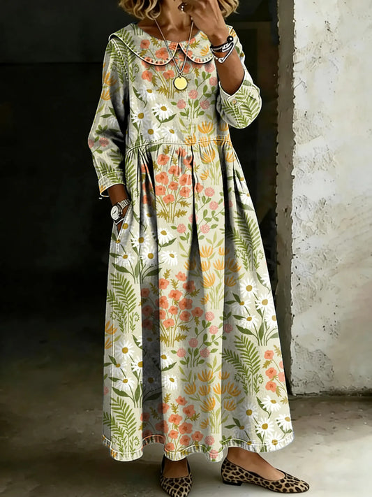 Retro Multicolor Floral Splicing Long-Sleeved Loose-Fitting Casual Denim Dress