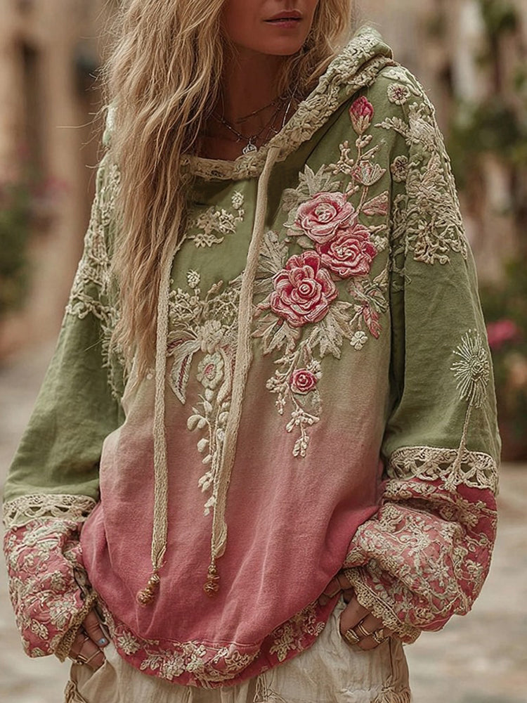 Love and Health Collection Classic Floral Embroidery Gradient Art Linen Long-Sleeve Hoodie