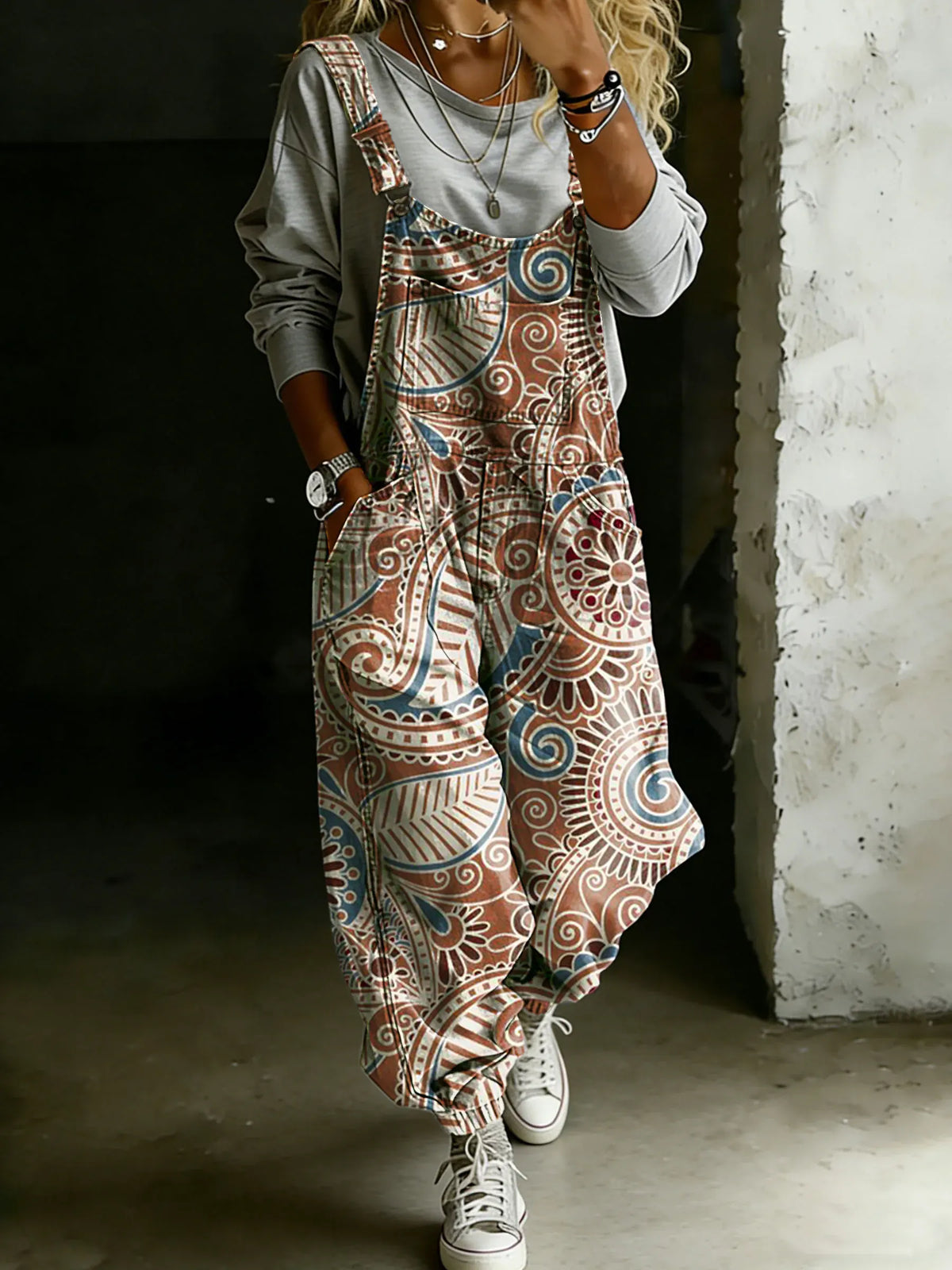 Vintage Abstract Ethnic Art Print Casual One Piece Denim Jumpsuit