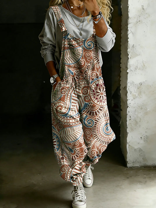 Vintage Abstract Ethnic Art Print Casual One Piece Denim Jumpsuit