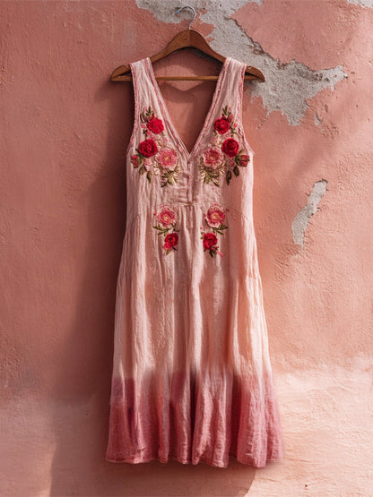 Boho Floral Embroidered Linen Vest Midi Dress