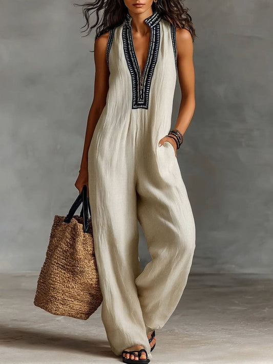 V-Neck Sleeveless Casual Loose Cotton and Linen Jumpsuit