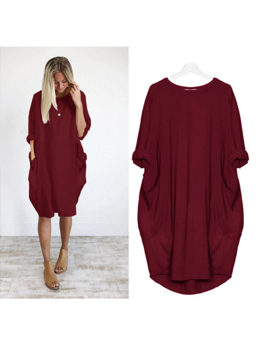 Solid Color Loose Elegant Casual Long-Sleeved Pocket Dress