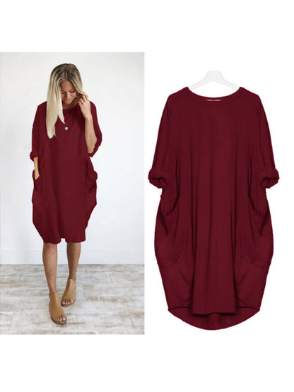 Solid Color Loose Elegant Casual Long-Sleeved Pocket Dress