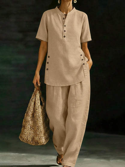 Cozy Casual Button Shirt and Wide-Leg Pants Linen Two-Piece Set