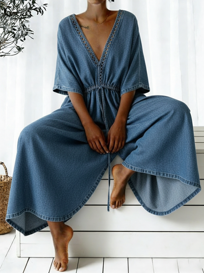 Casual V-Neck Loose-Fitting Drawstring Waist Denim Jumpsuit