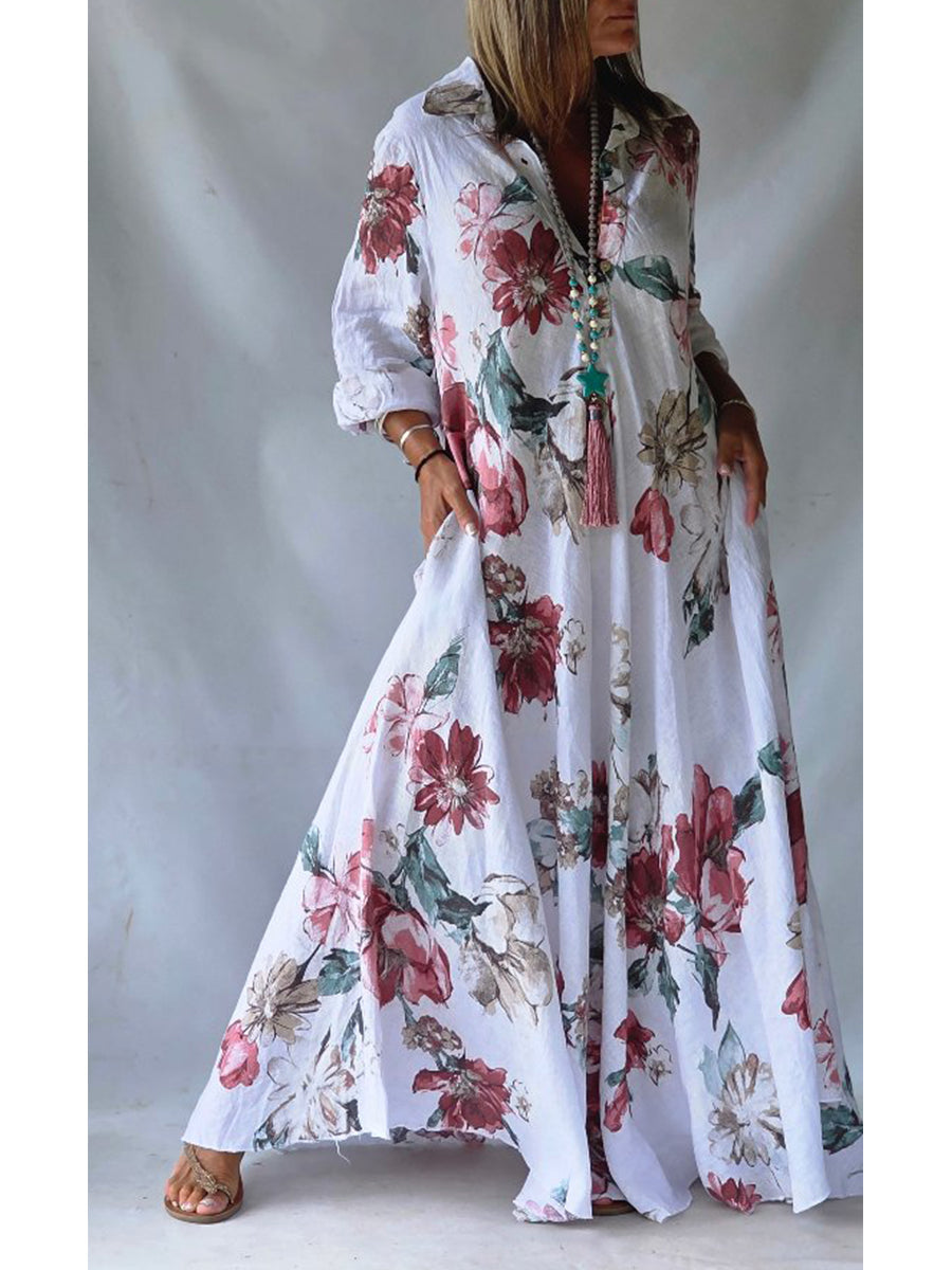 Loose-Fitting Casual Linen and Cotton Floral Print Shirt Dress