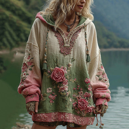 Love and Health Collection Vintage Rose and Floral Art Linen Long-Sleeve Hoodie