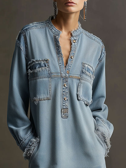 Casual Retro Light Blue Denim Frayed Long-Sleeved Mini Dress