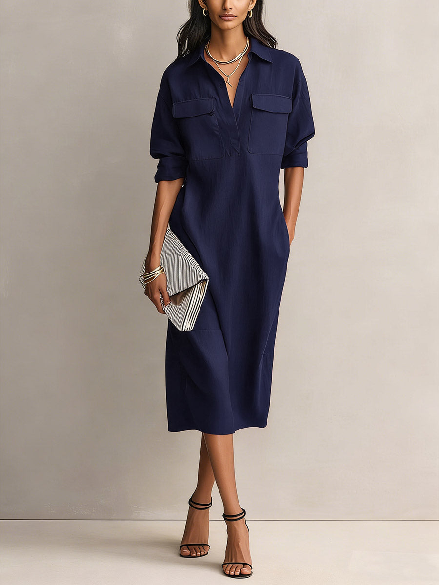Solid Color Lapel Collar Long-Sleeve Casual Loose Cotton Linen Dress