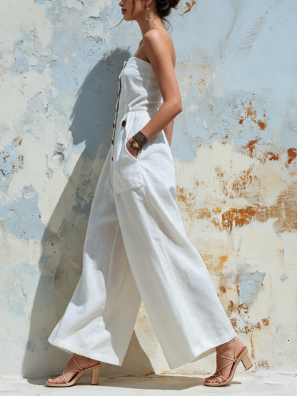 Strapless Linen Wide-Leg Jumpsuit with Button Detail and Pockets